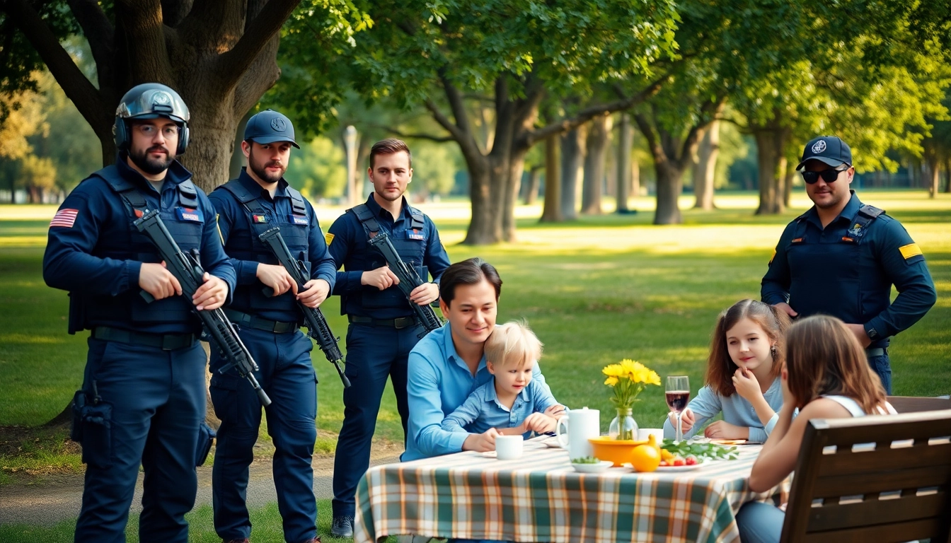 Family Protection team providing safety to a family in a serene park.