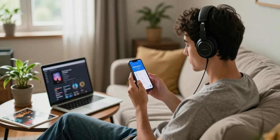 Aplicativo para baixar vídeo de música exibido por usuário em sala de estar aconchegante.