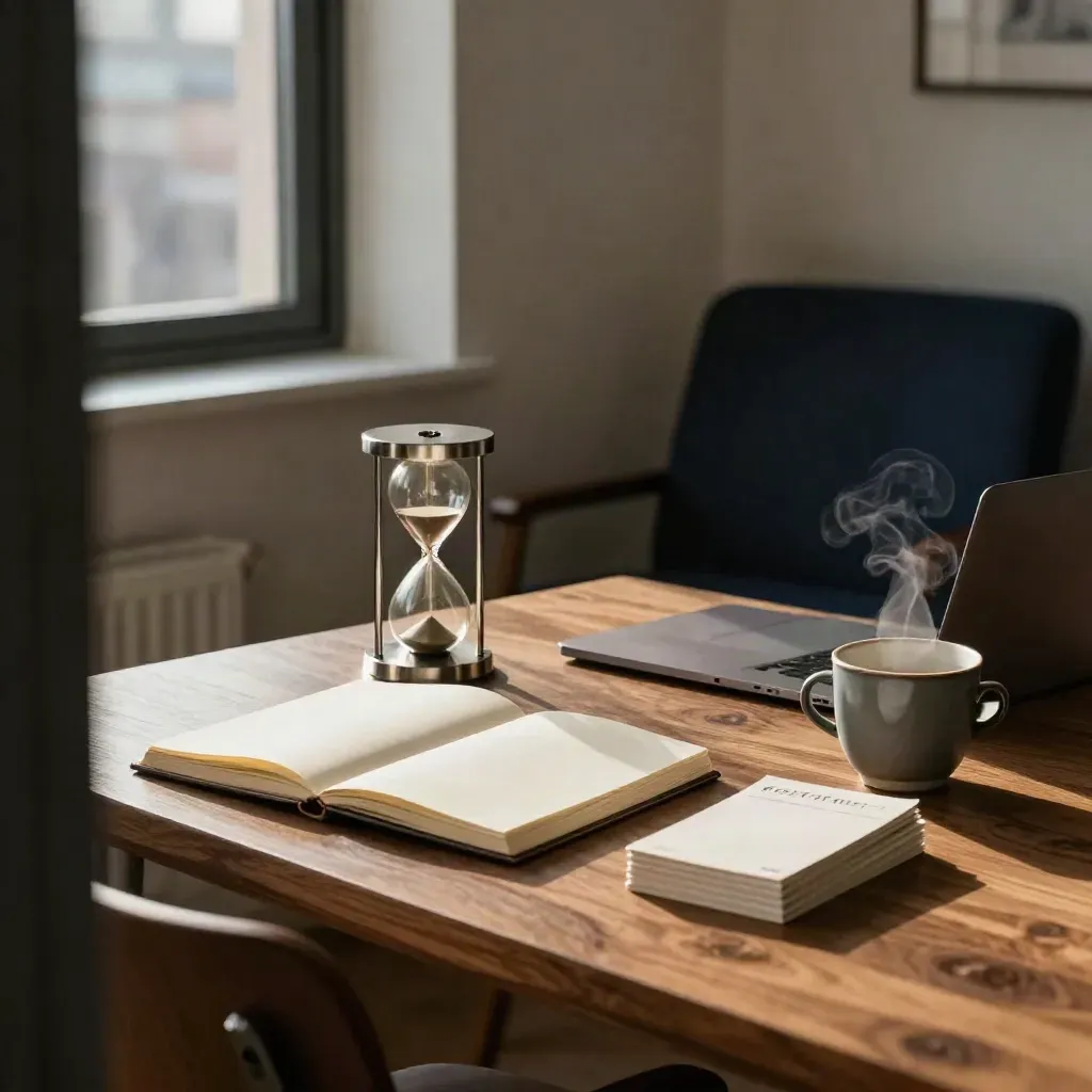 Canto de home office com notebook, ampulheta, laptop fechado, xícara e cadeira vazia ao lado da mesa.