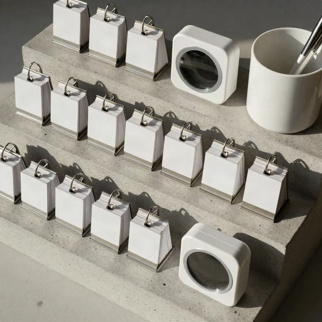 Organizador de mesa com clipes de cabo, cubos de calendário, timer e porta-canetas sobre concreto.