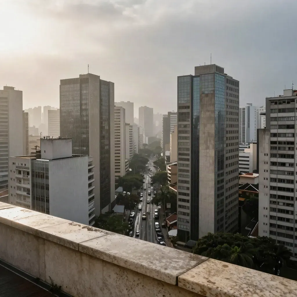 Vista elevada de São Paulo com Paulista e prédios baixos sob névoa pós-chuva.