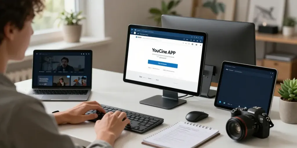 Tela de download do Youcine APK Versões Antigas em um ambiente de escritório aconchegante.